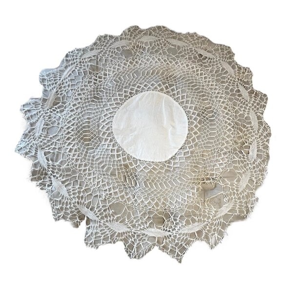 Hand-Crocheted Round Lace Tablecloth With 12” Linen Blend Center 40" Diameter - Picture 2 of 8